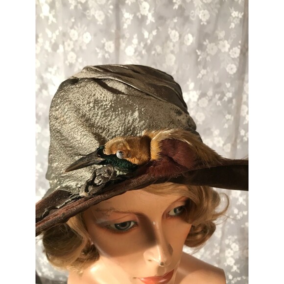 Antique Edwardian Bird Hat 1900s 1910s Wide Brim Silk Velvet Dramatic Steampunk - Picture 6 of 7